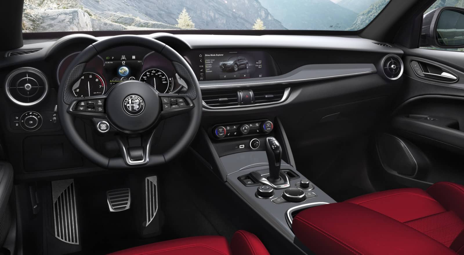 A 360-degree view of the interior of the 2023 Alfa Romeo Stelvio, beginning with the steering wheet, center stack controls and dash.