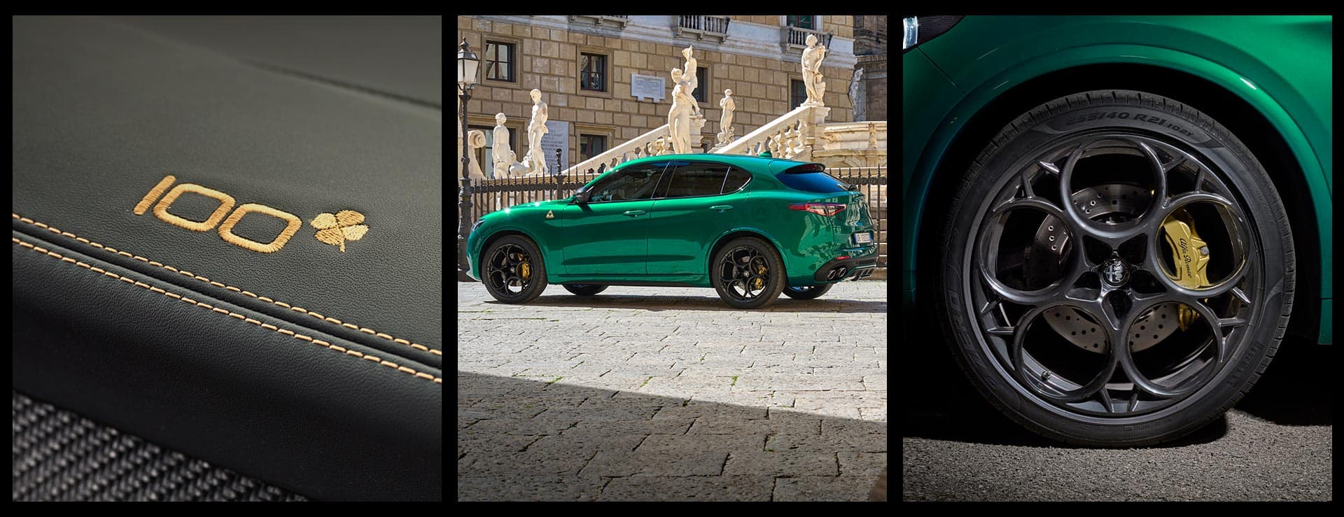 A close-up of the 100th Anniversary gold stitching on the seat in the 2024 Alfa Romeo Stelvio Quadrifoglio 100th Anniversary Edition. A driver-side profile of a green 2024 Alfa Romeo Stelvio Quadrifoglio 100th Anniversary Edition parked in a brick courtyard, with ornate statues in the background. A close-up of a wheel and tire on  the 2024 Alfa Romeo Stelvio Quadrifoglio 100th Anniversary Edition.