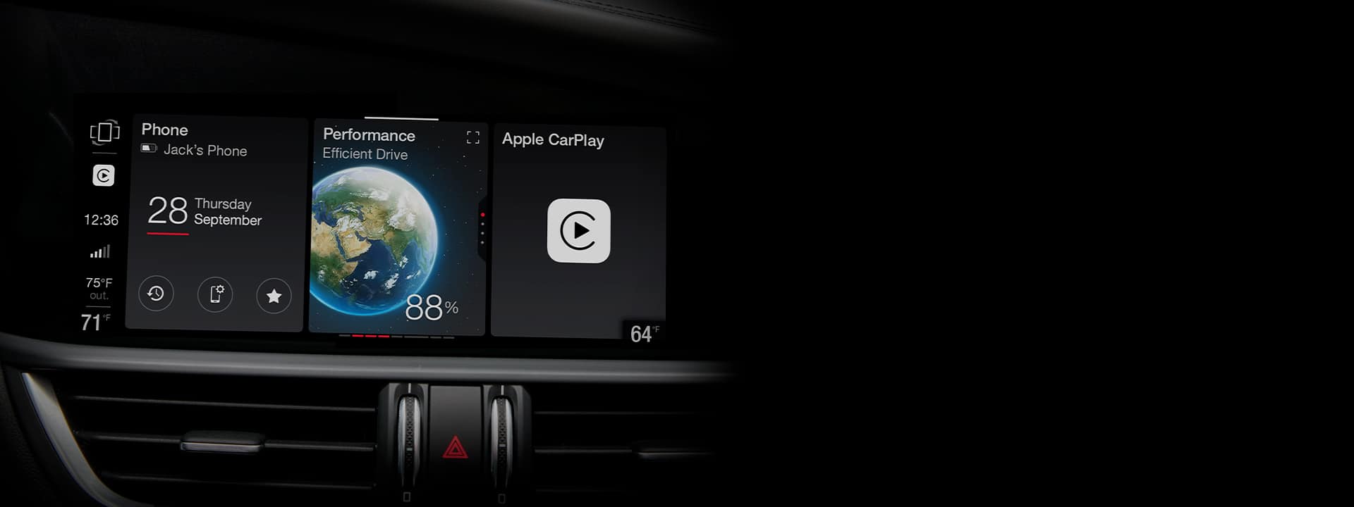 A close-up of the multitouch display in the 2024 Alfa Romeo Stelvio Quadrifoglio displaying a number of selectable widgets including vehicle performance stats and Apple CarPlay.